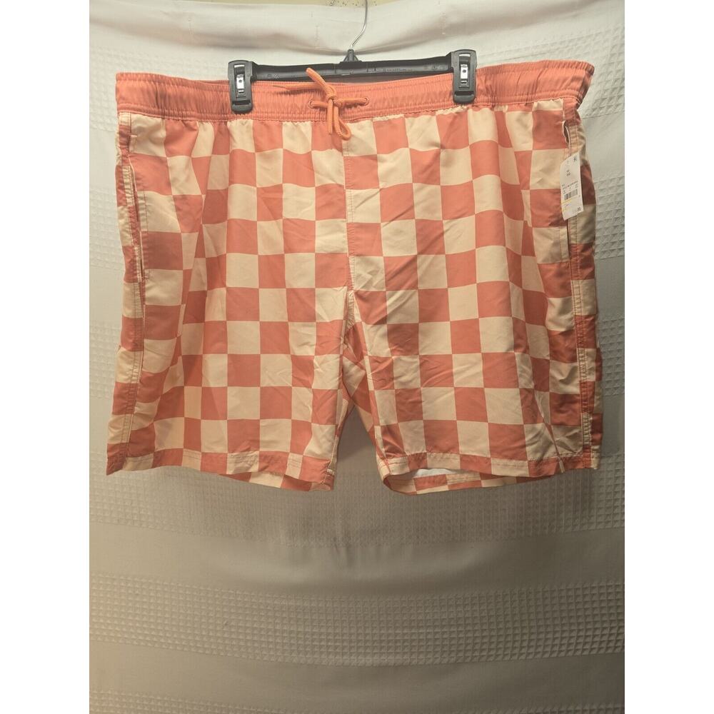 Mad Engine Swim Trunks Size XXL Checker Print Mens Drawstring Orange Beach 5643